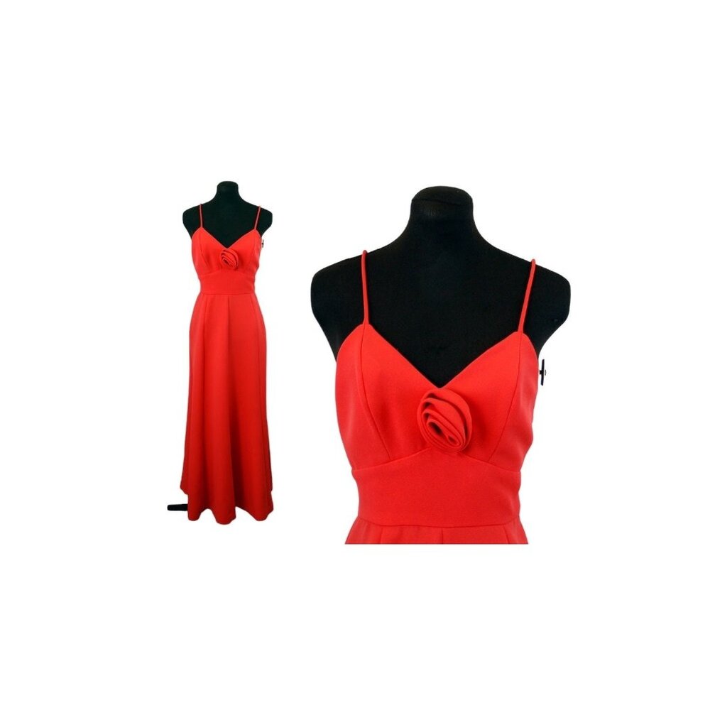 1970s orange maxi dress with low back and fabric rose by Howard Wolf Size S/M